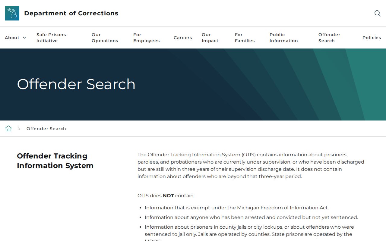 Michigan OTIS official offender information page for state custody records