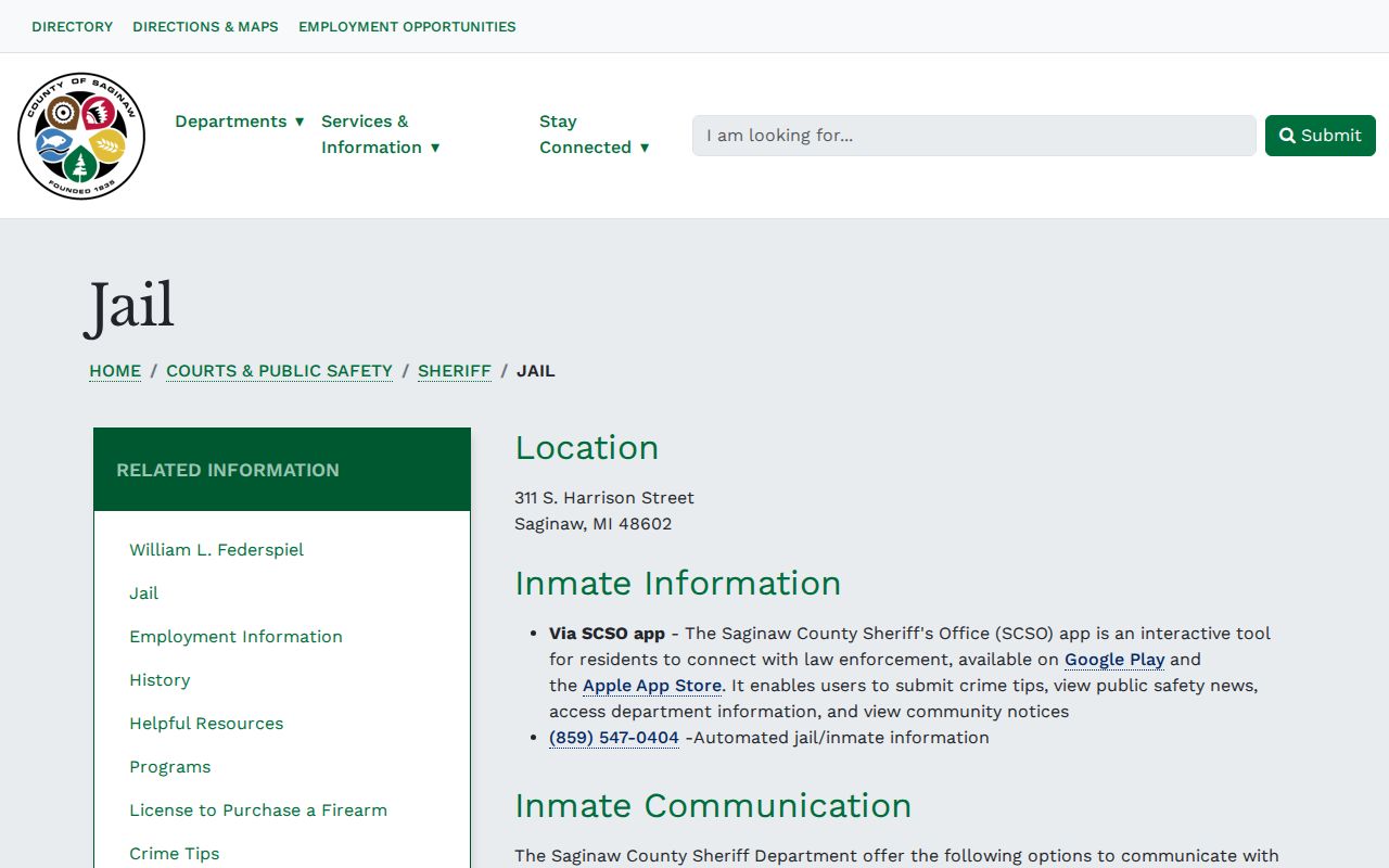 Saginaw County Jail official inmate-information page for booking record access